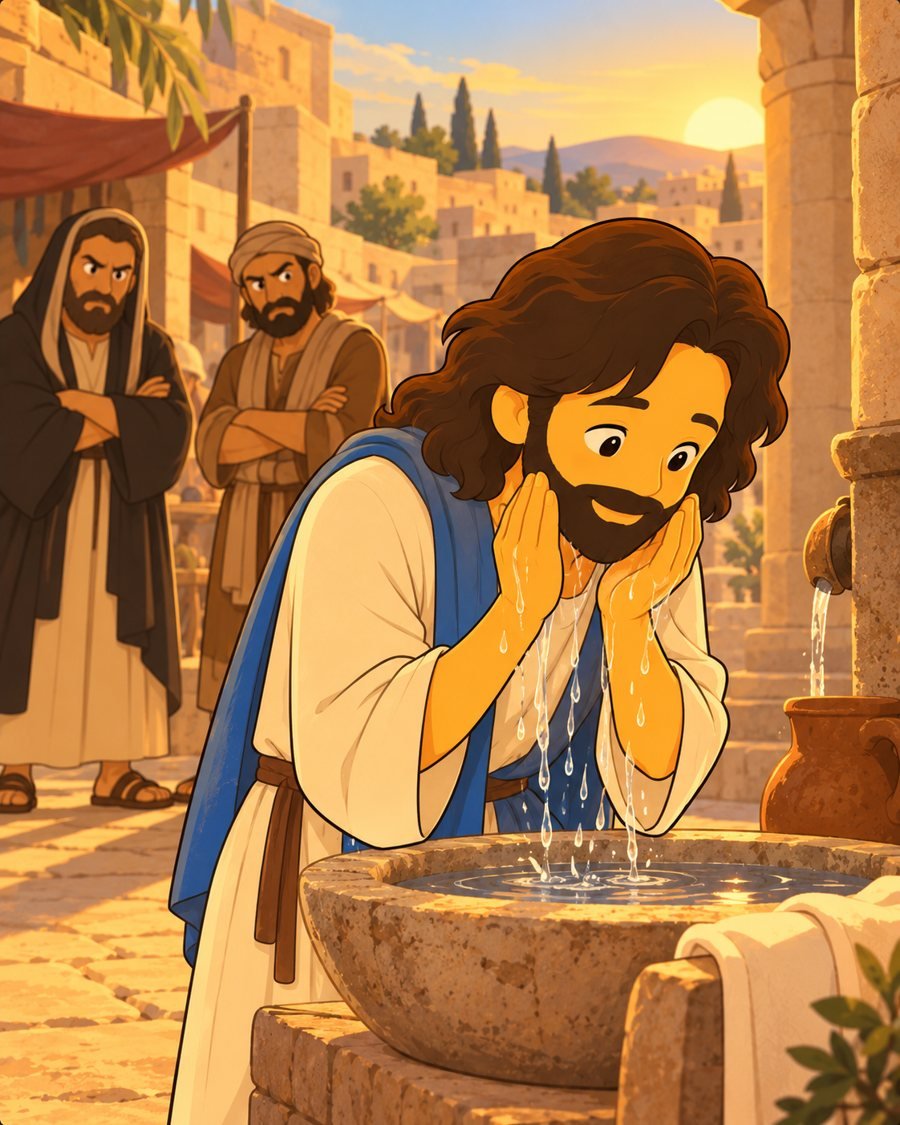 Jesus lavando o rosto numa bacia de manhã