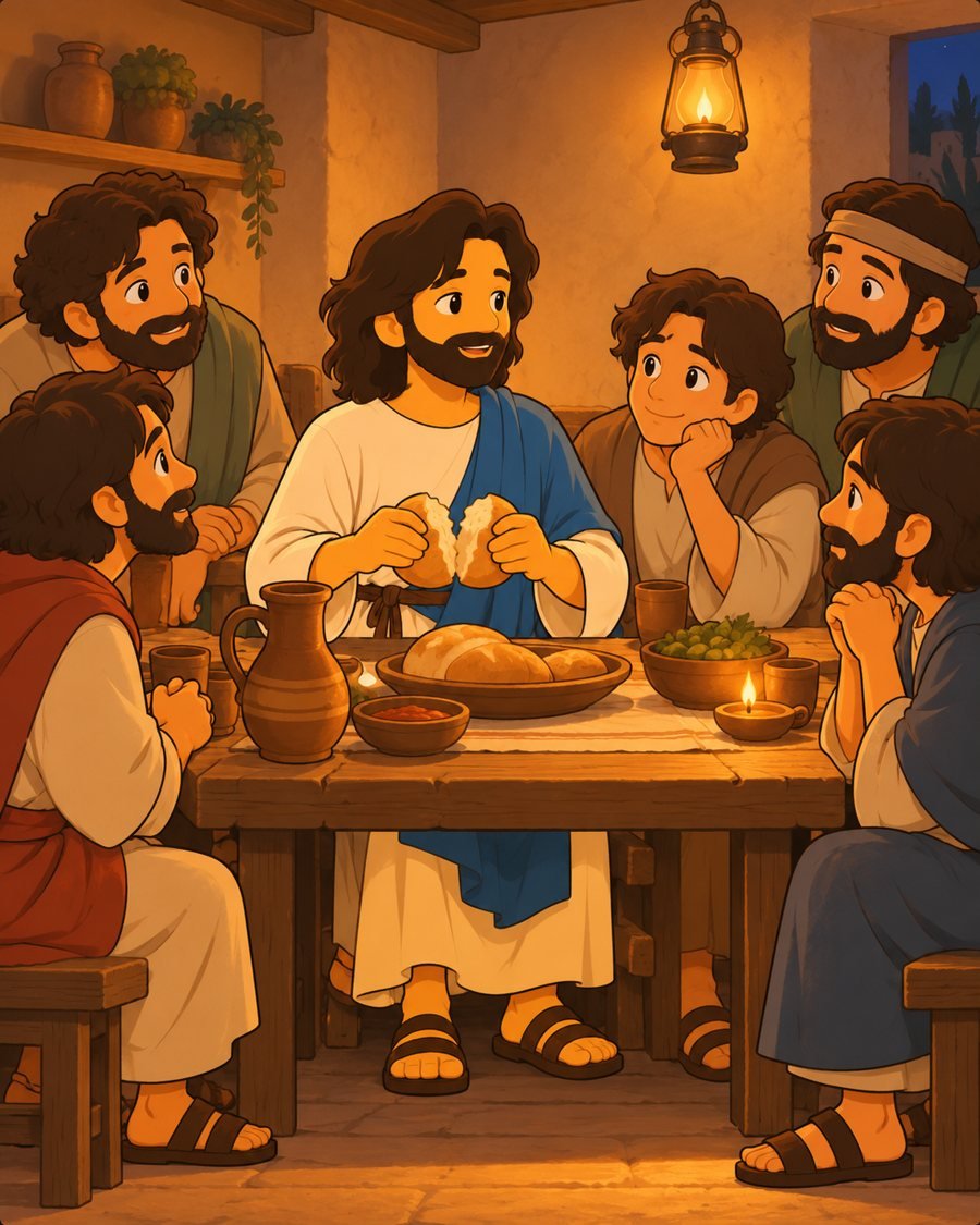 Jesus à mesa com os discípulos partindo o pão