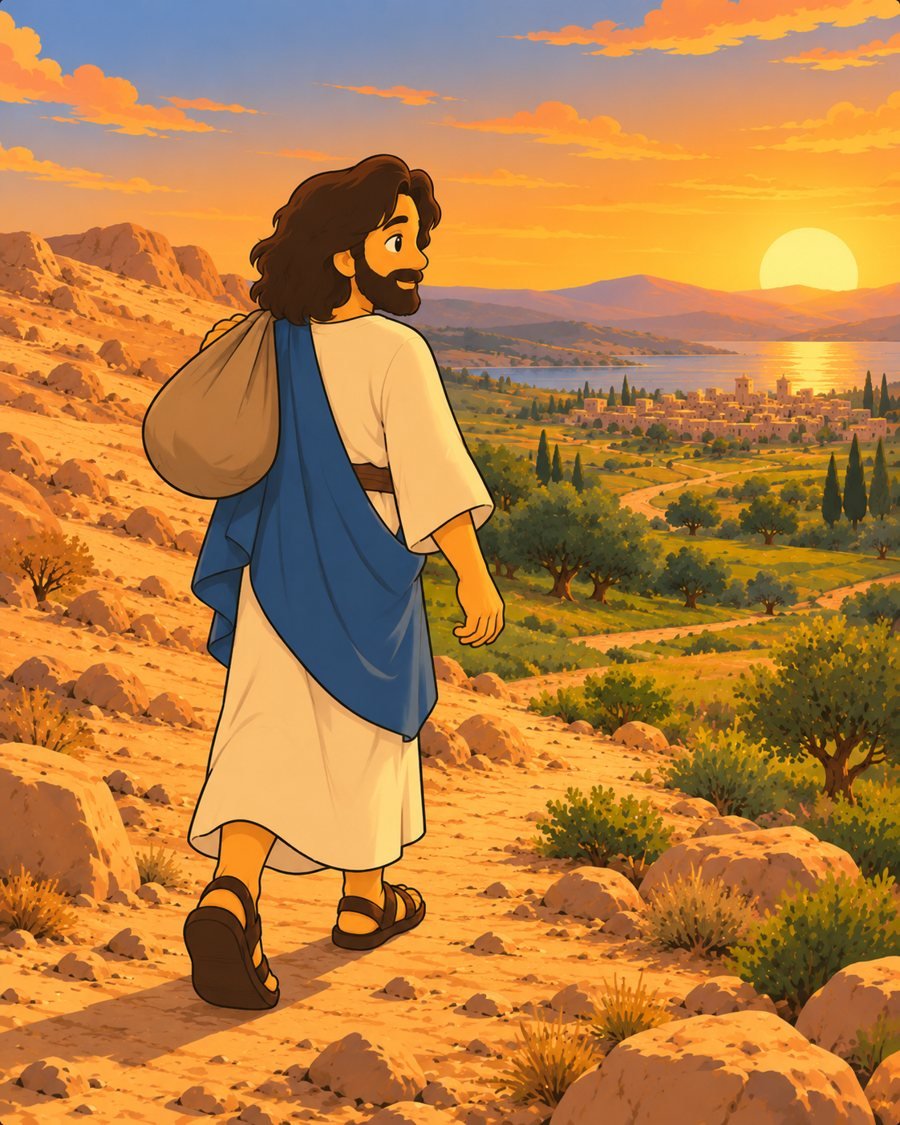Jesus saindo do deserto em direção aos campos verdes